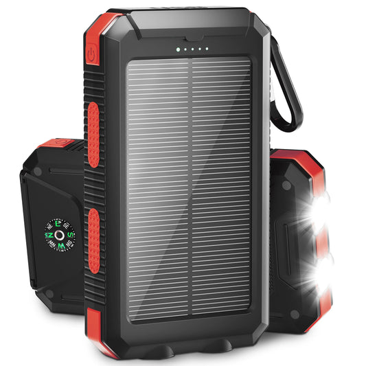 20000Mah Solar Power Bank Compatitble for Iphone Portable Solar Power Bank with Dual 5V USB Ports 2 Flashlight Compass Battery Pack for Outdoor Camping Hiking(Red)